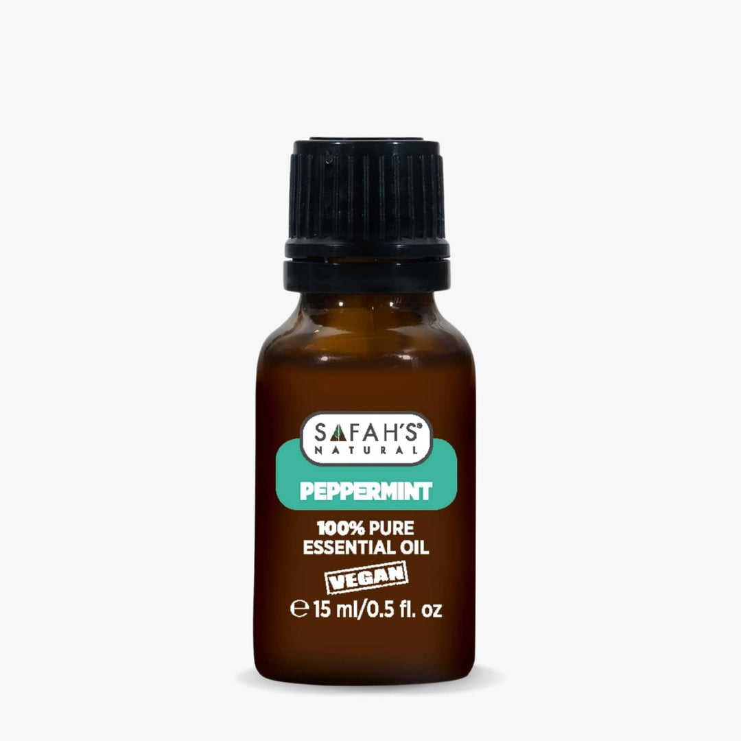 Safah's Natural peppermint essential oil bottle on a white background 15ml