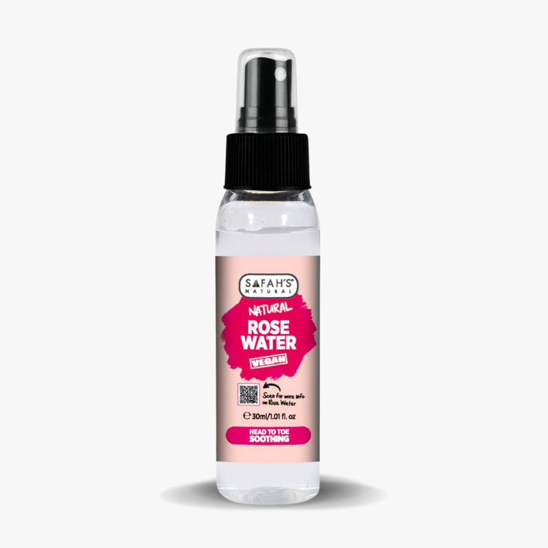 Safah's Natural Rose Water spray bottle on a white background 30ml