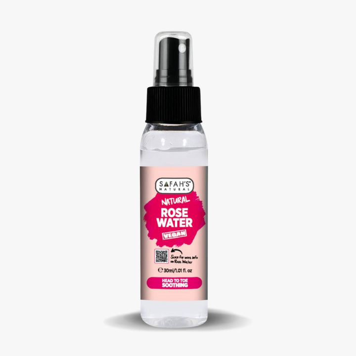 Safah's Natural Rose Water spray bottle on a white background 30ml