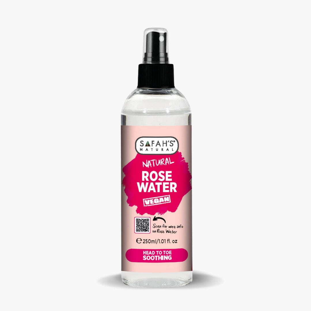 Safah's Natural Rose Water spray bottle on a white background 250ml