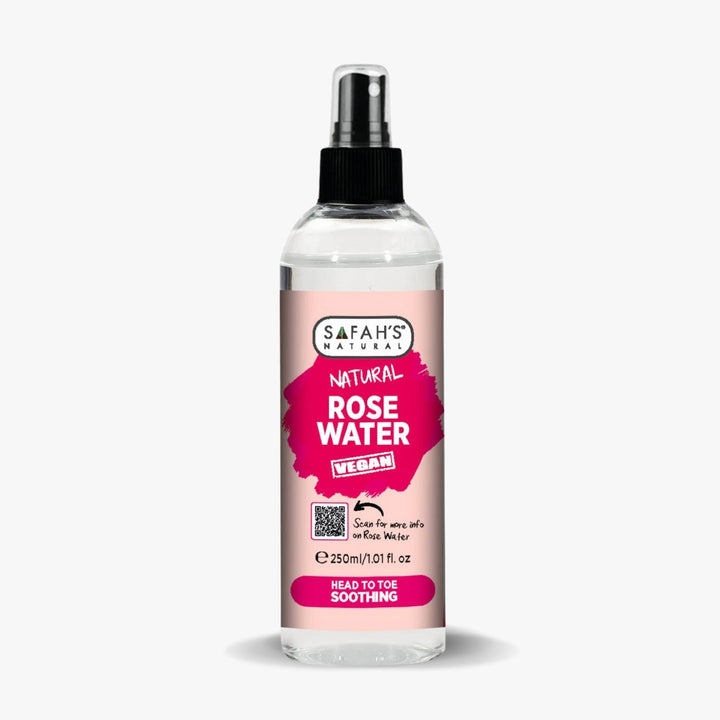 Safah's Natural Rose Water spray bottle on a white background 250ml