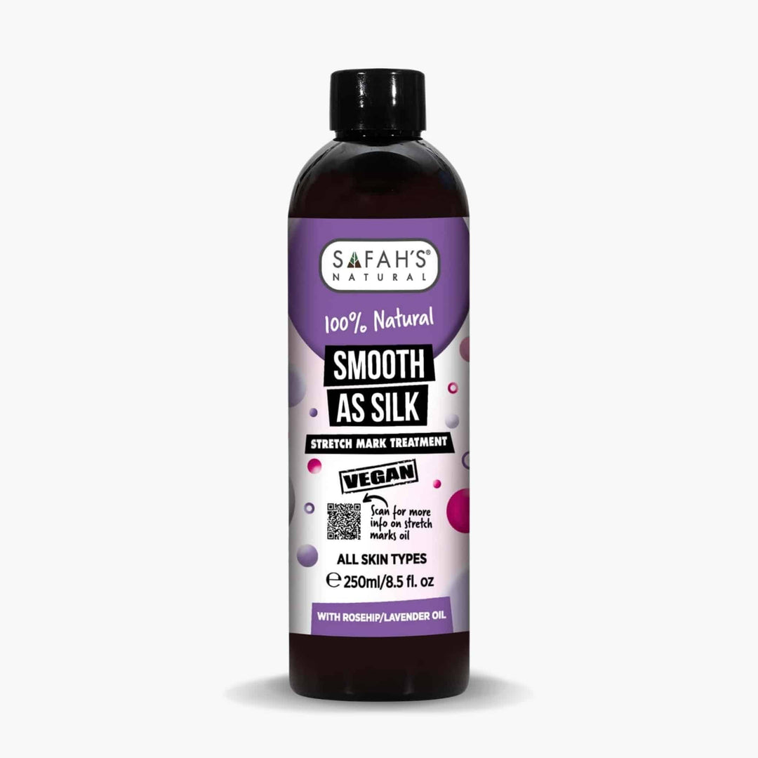 Safah's Naturals smooth as silk stretch mark treatment bottle on a white background