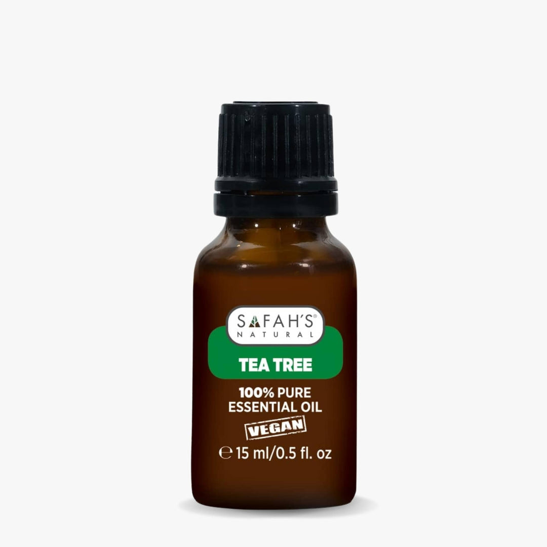 Safah's Naturals Tea Tree essential oil bottle on a white background