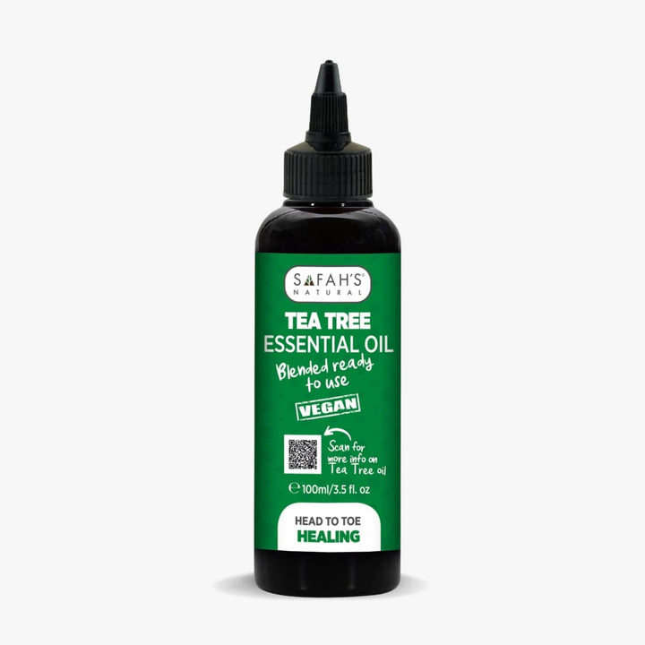 Safah's Tea Tree Essential Oil bottle on a white background