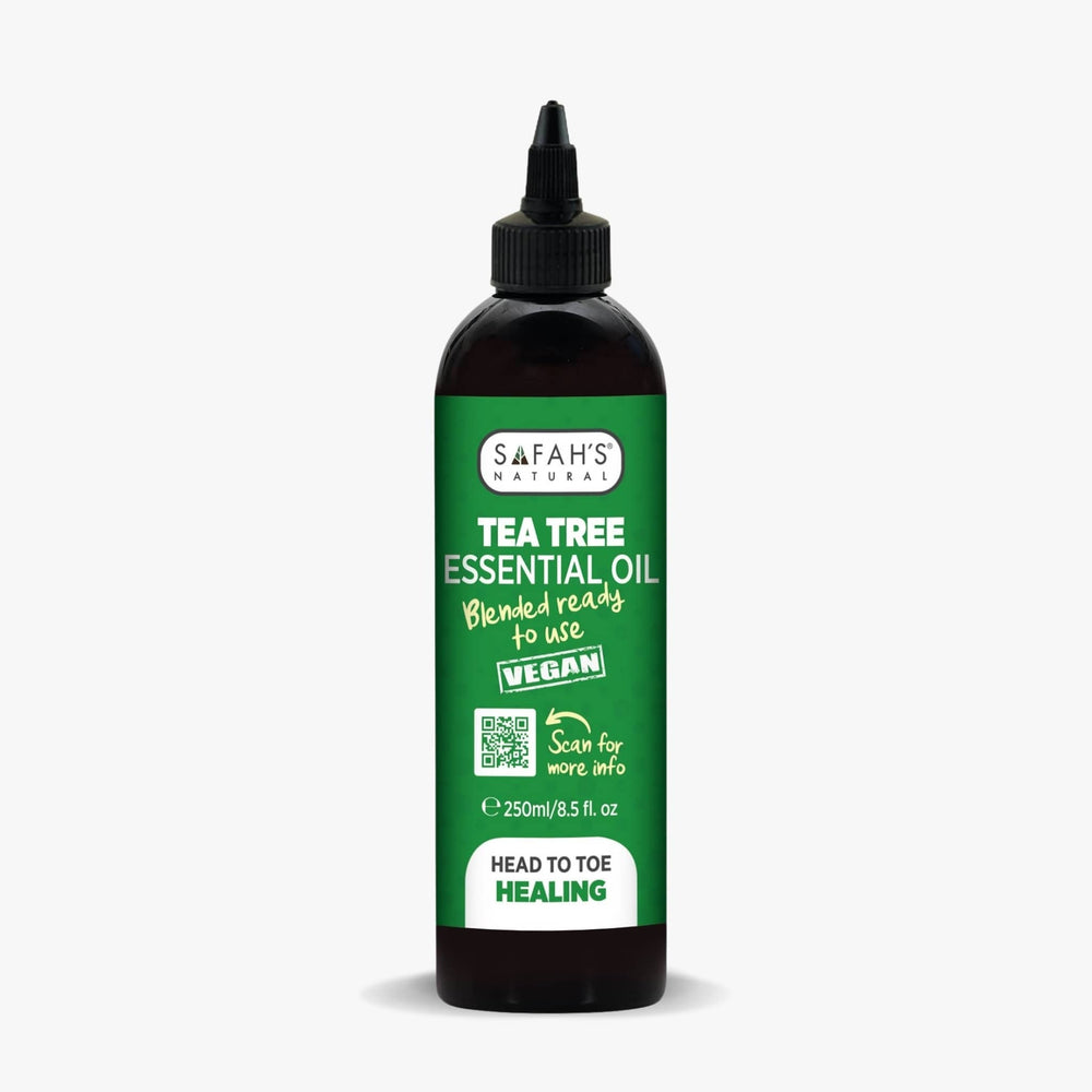 Safah's Tea Tree Essential Oil bottle on a white background