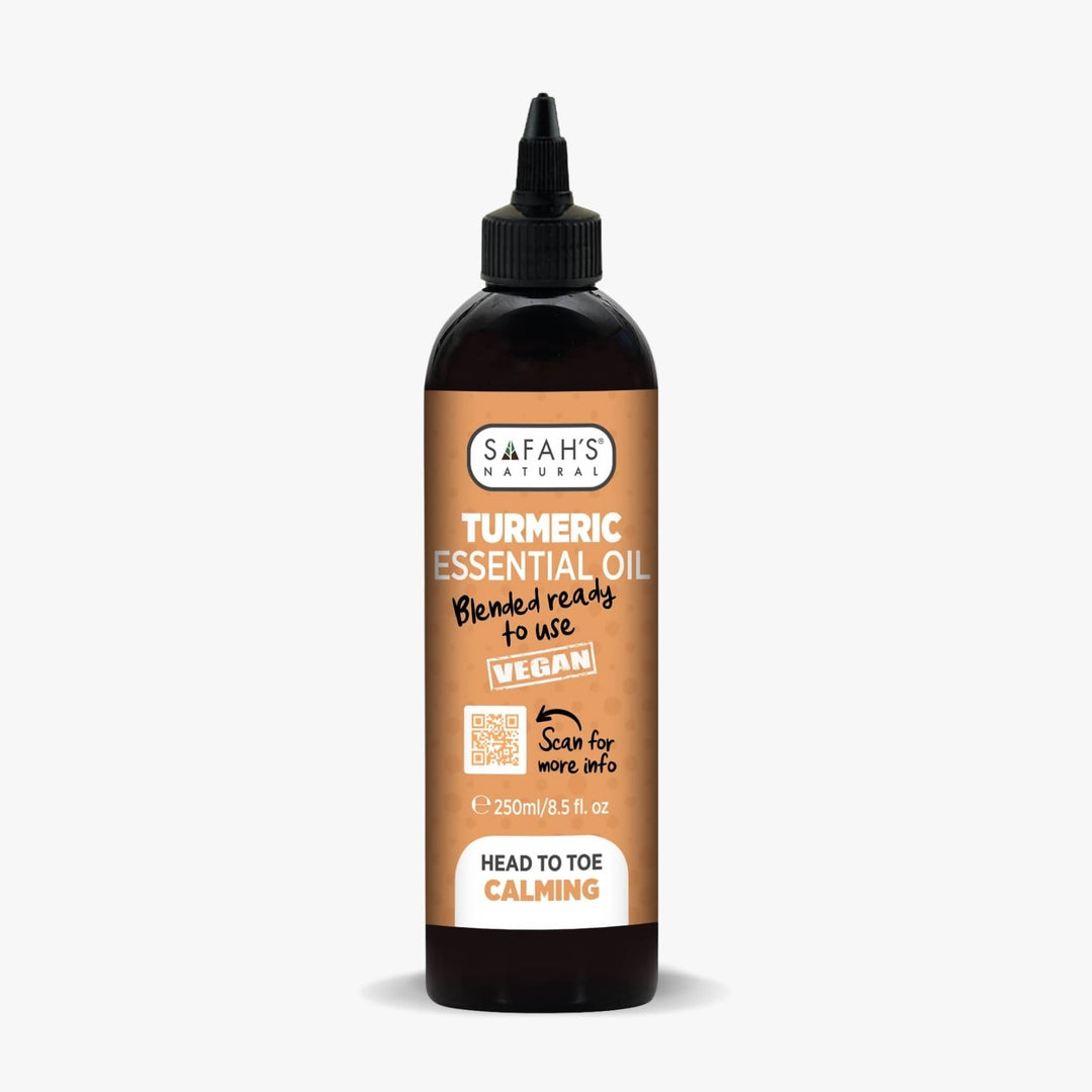Safah's Turmeric Essential Oil bottle on a white background