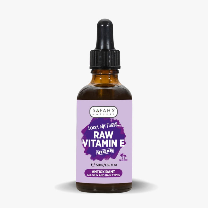 SafaH's Naturals Raw Vitamin E bottle with a purple label on a white background 50ml