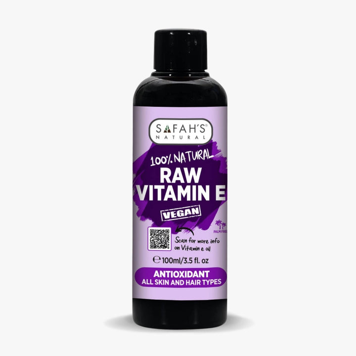 Safah's Natural Raw Vitamin E bottle with purple label on a white background 100ml