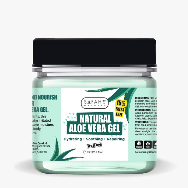 Safah’s Natural Aloe Vera Gel 115ml – Vegan hydrating, soothing, and repairing gel for face, body, and hair.