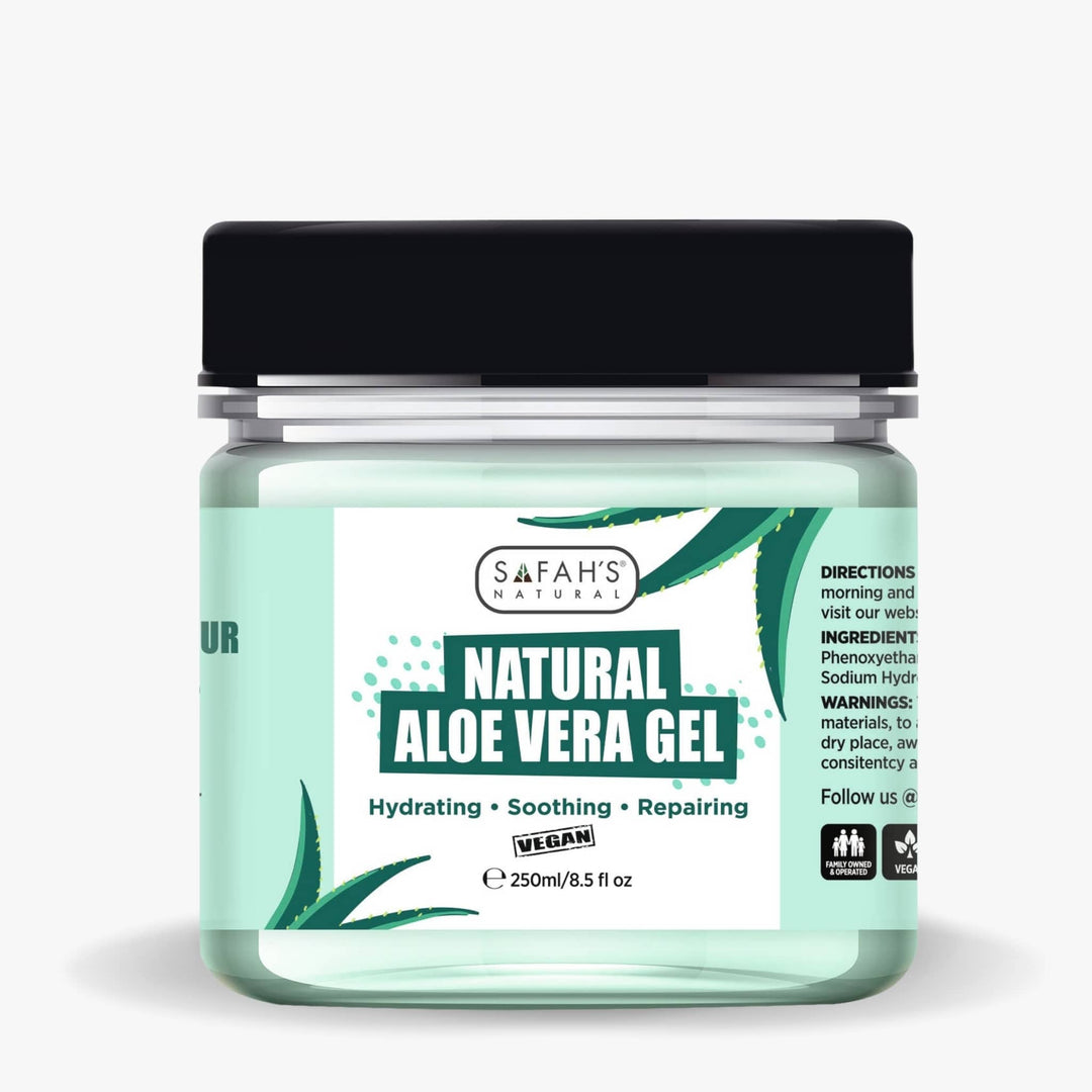 Safah’s Natural Aloe Vera Gel 250ml – Large-size vegan aloe gel for daily hydration, soothing sunburns, and repairing dry or irritated skin.