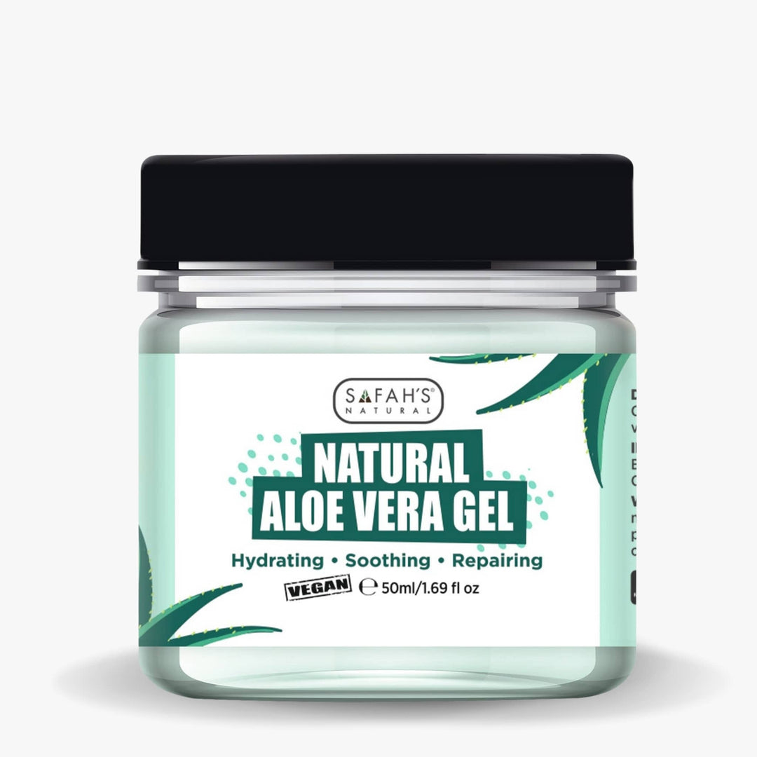 Safah’s Natural Aloe Vera Gel 50ml – Travel-size vegan aloe gel for hydrating, soothing, and calming irritated skin.