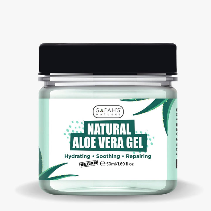 Safah’s Natural Aloe Vera Gel 50ml – Travel-size vegan aloe gel for hydrating, soothing, and calming irritated skin.
