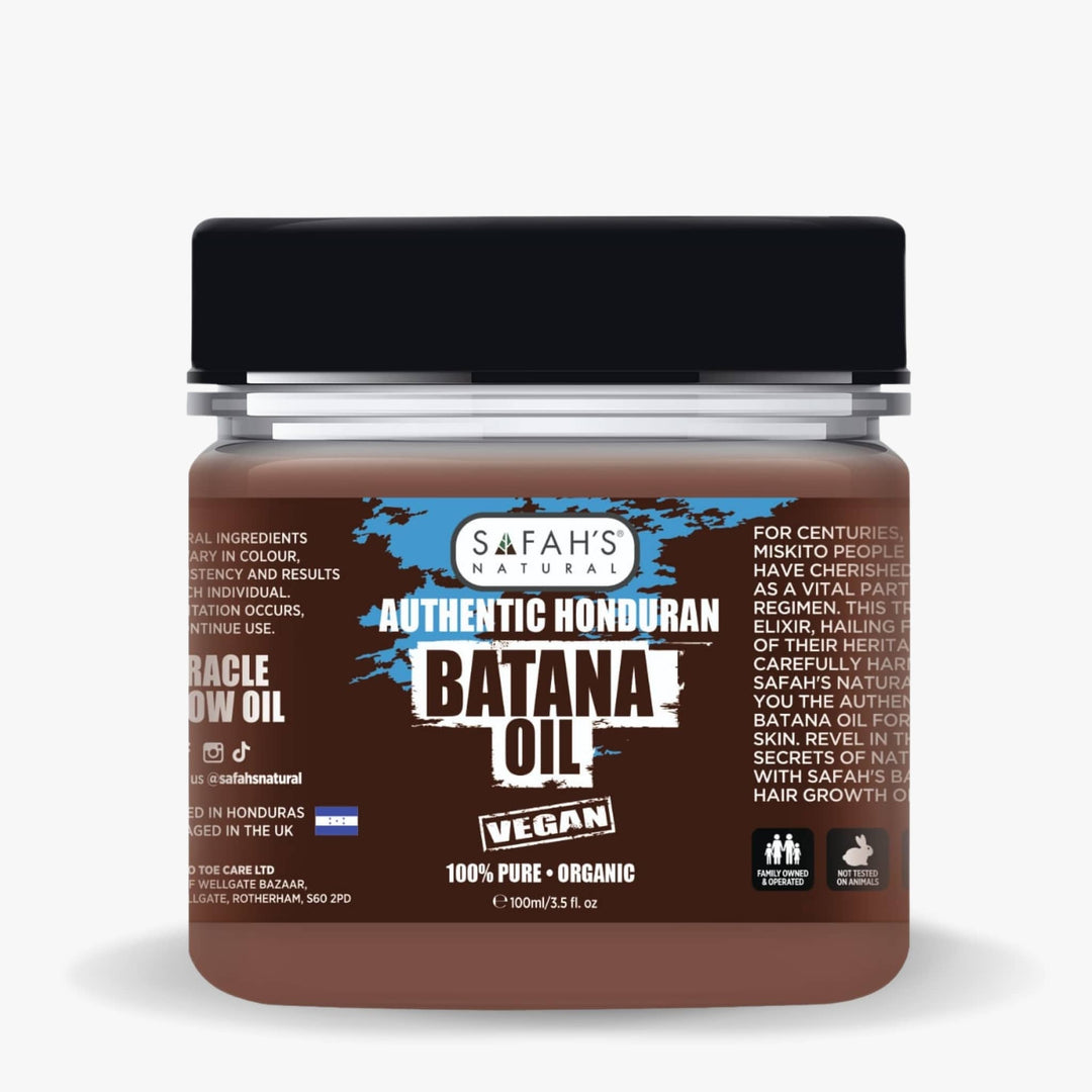 Safah’s Natural Authentic Honduran Batana Oil in a 100ml jar, vegan and 100% pure organic hair and skin treatment oil.