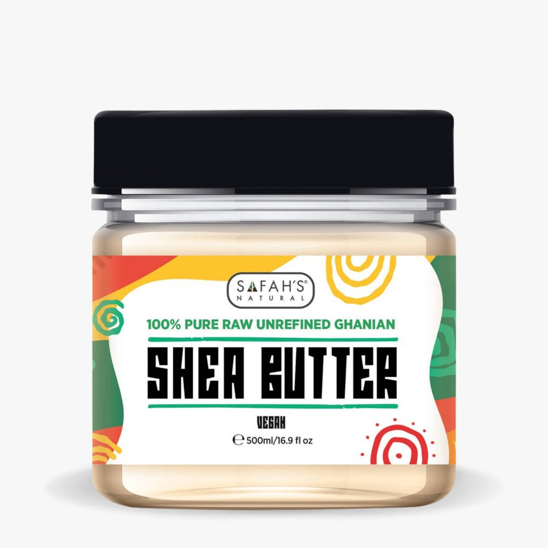 Safah’s Natural Ghanaian Shea Butter 500ml – Large-size raw, unrefined moisturizing butter for deep hydration and long-lasting skin nourishment.