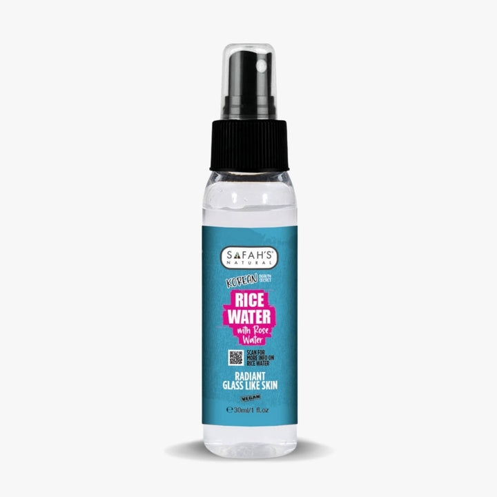 Safah’s Natural Korean Rice Water with Rose Water 30ml – Travel-size brightening facial mist for radiant glass skin and on-the-go hydration.