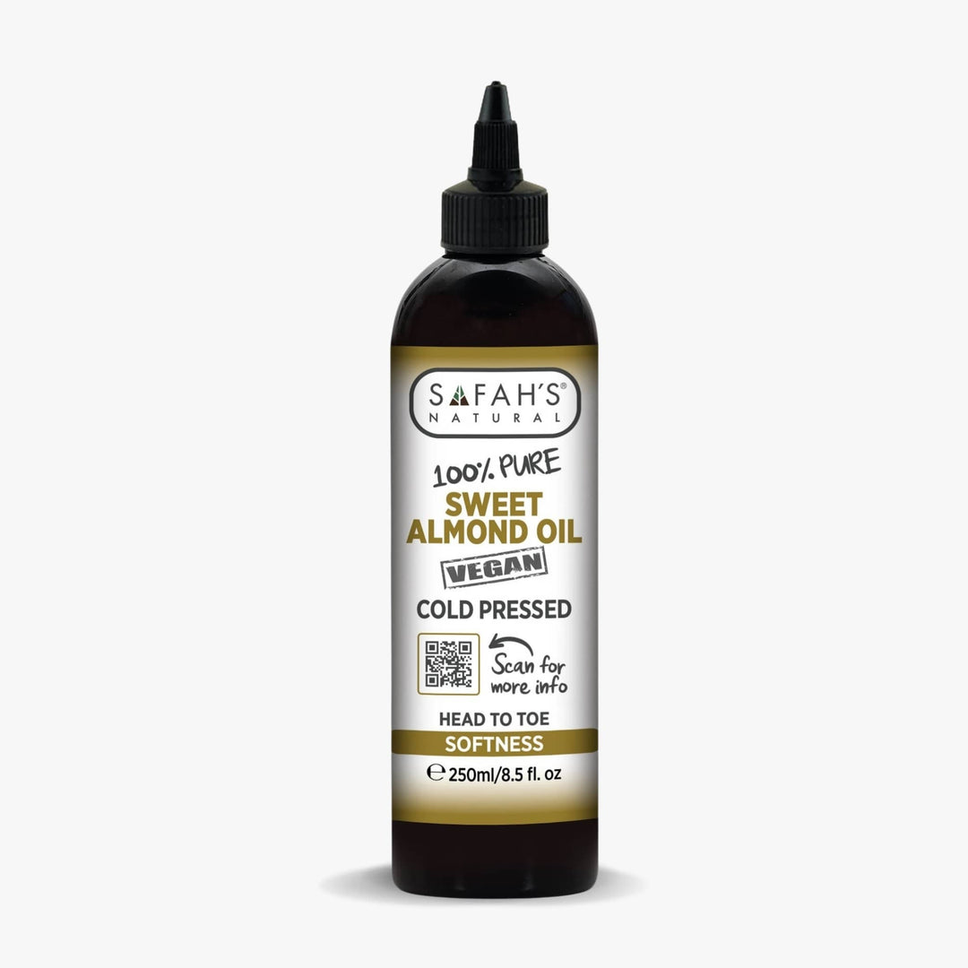 Bottle of Safah's Natural Sweet Almond Oil on a white background 250ml