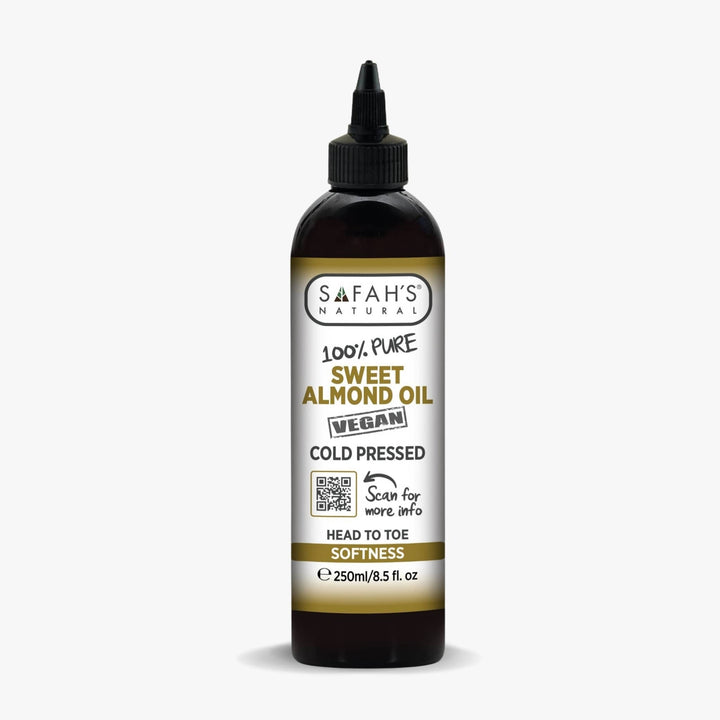 Bottle of Safah's Natural Sweet Almond Oil on a white background 250ml