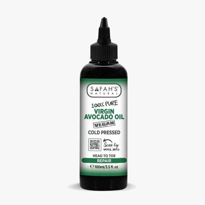 Safah's Natural Virgin Avocado Oil bottle on a white background 100ml
