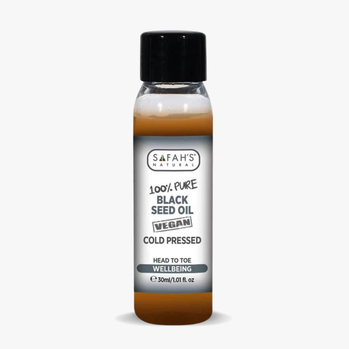 Bottle of Safah's Natural Black Seed Oil on a white background 30ml