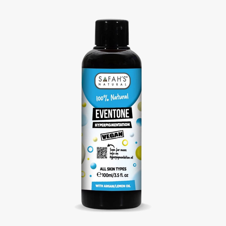 Bottle of Safah's Eventone hyperpigmentation treatment on a white background