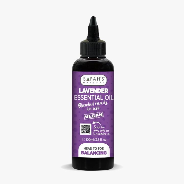 Safah's Lavender Essential Oil bottle with purple label on a white background 100ml