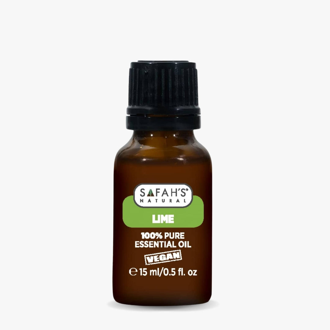Safah's Natural Lime essential oil bottle on a white background