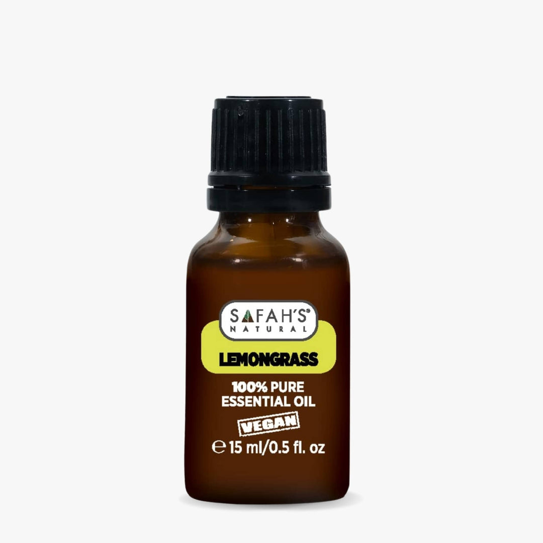 Brown bottle of Safah's Lemongrass essential oil on a white background