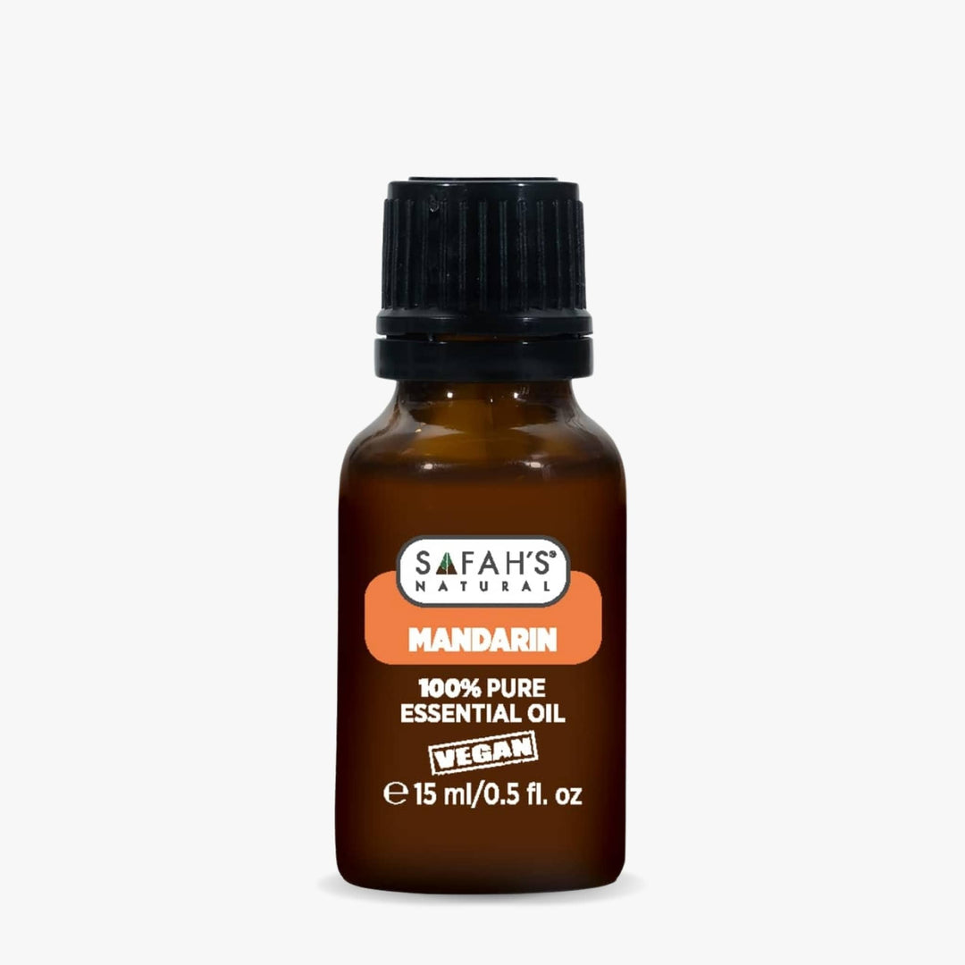 Safah's Natural Mandarin essential oil bottle on a white background