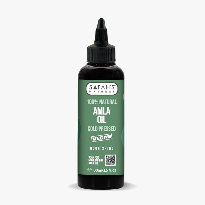 Safah's Naturals Amla oil bottle on a white background