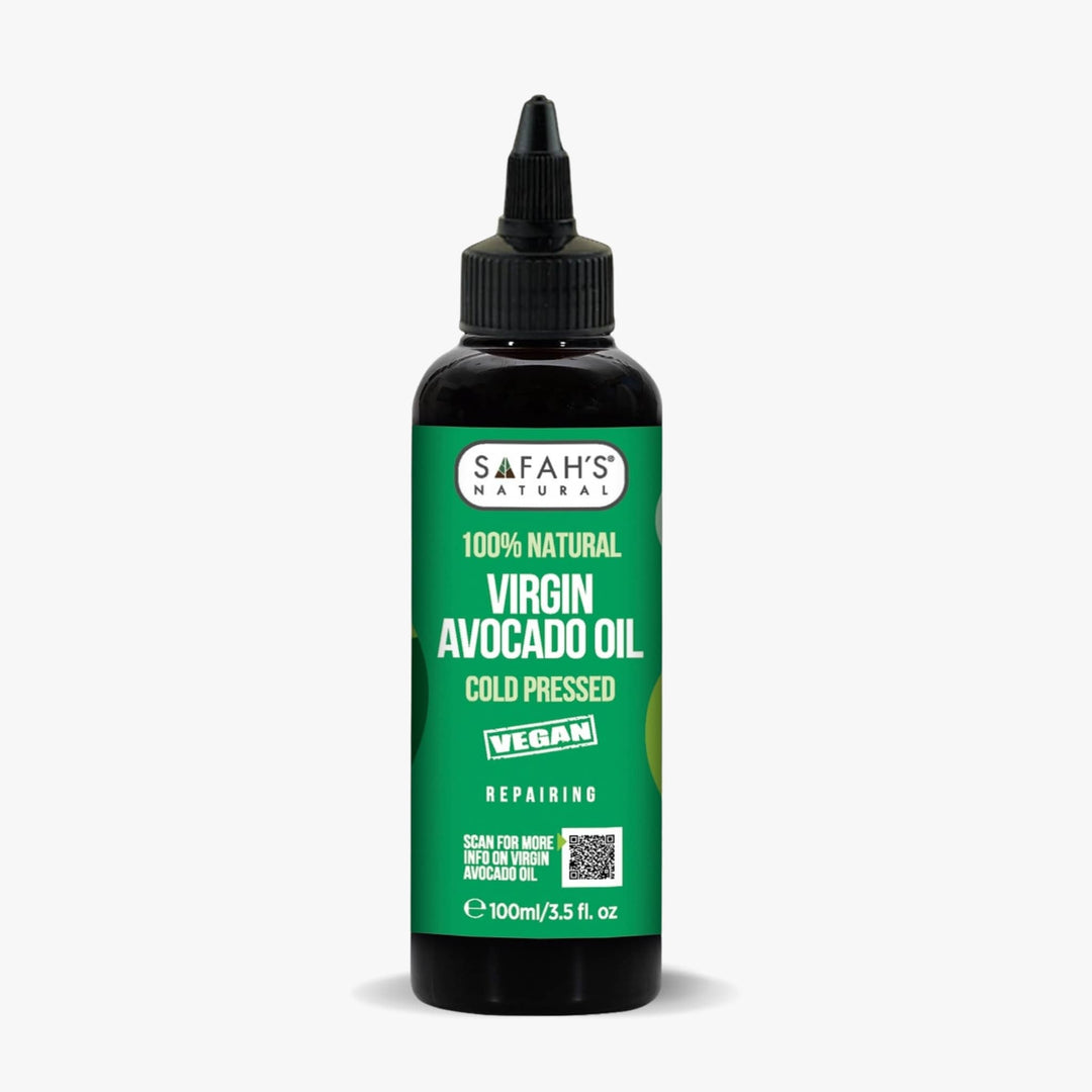 Safah's Naturals virgin avocado oil bottle on a white background