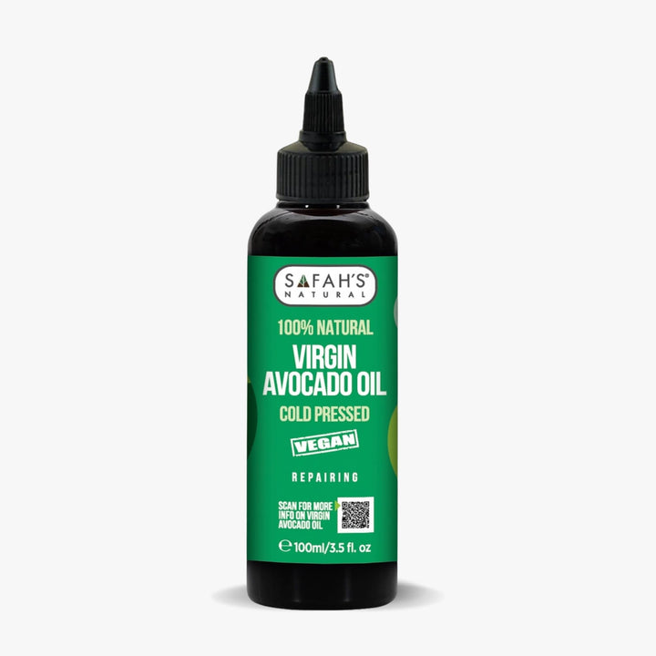 Safah's Naturals virgin avocado oil bottle on a white background
