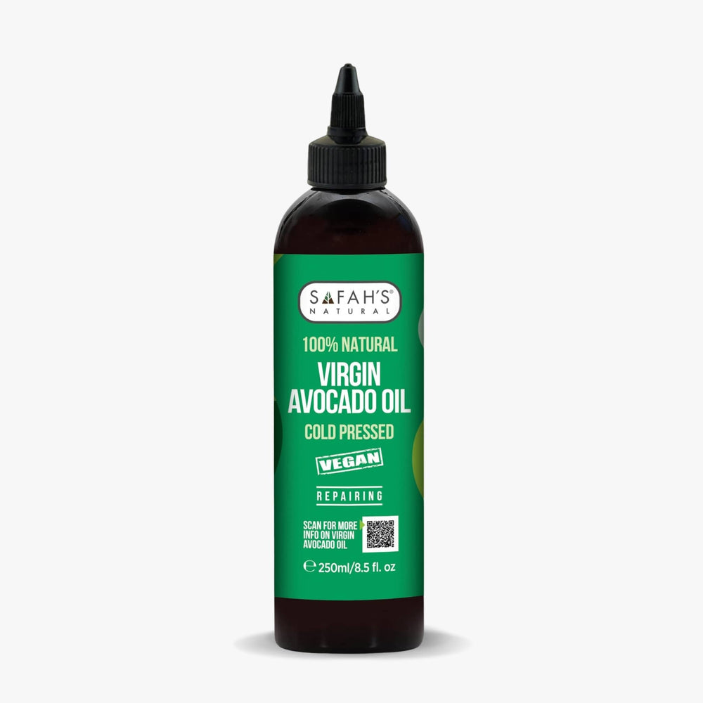 Safah's 100% Natural Virgin Avocado Oil bottle on a white background