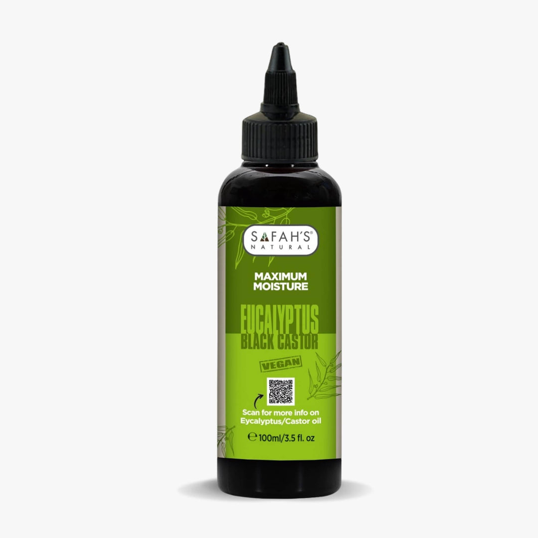 Safah's Natural Eucalyptus Black Castor oil bottle on a white background