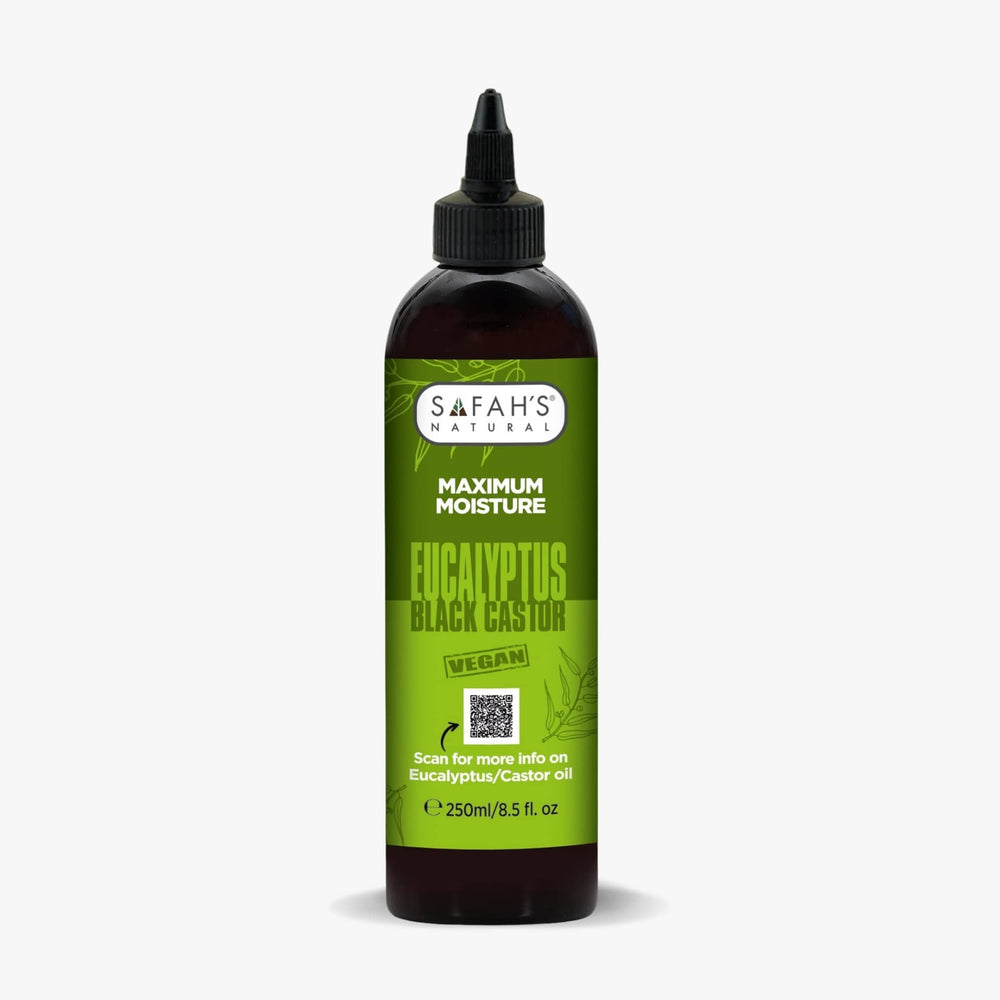 Safah's Natural Eucalyptus Black Castor oil bottle on a white background