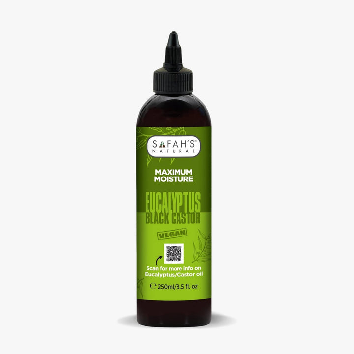 Safah's Natural Eucalyptus Black Castor oil bottle on a white background