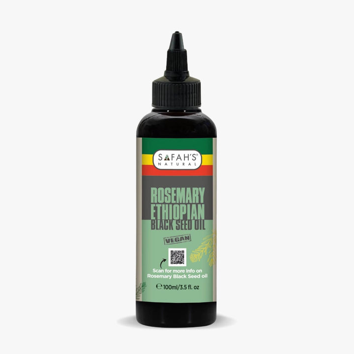 Bottle of Safah's Rosemary Ethiopian Black Seed Oil on a white background