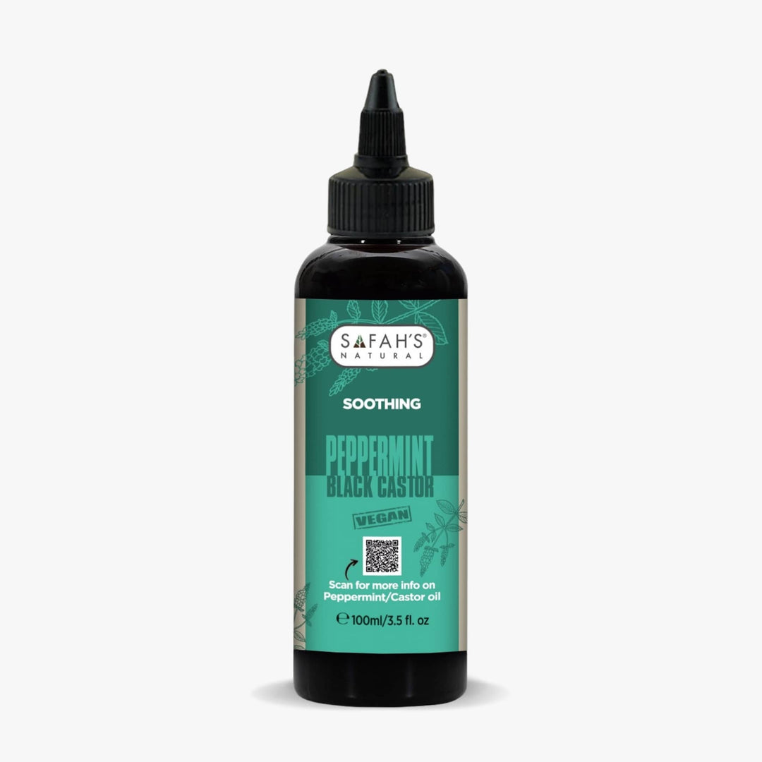 Safah's Naturals peppermint black castor oil bottle on a white background