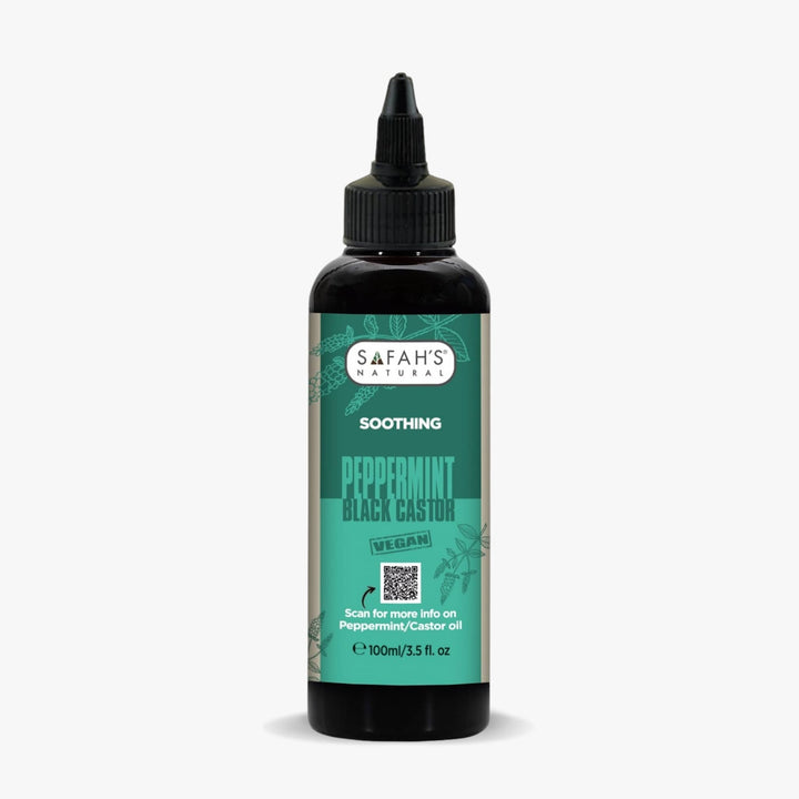 Safah's Naturals peppermint black castor oil bottle on a white background