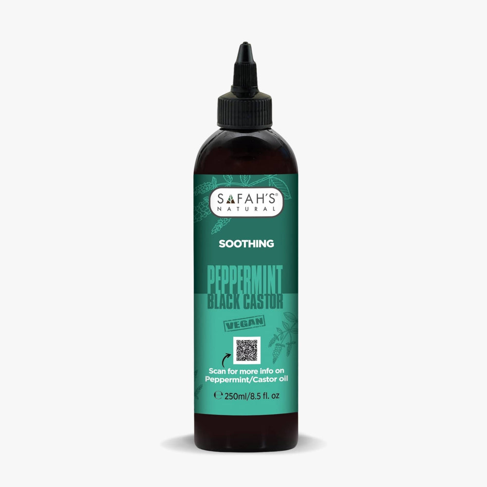 Bottle of Safah's Peppermint Black Castor oil on a white background