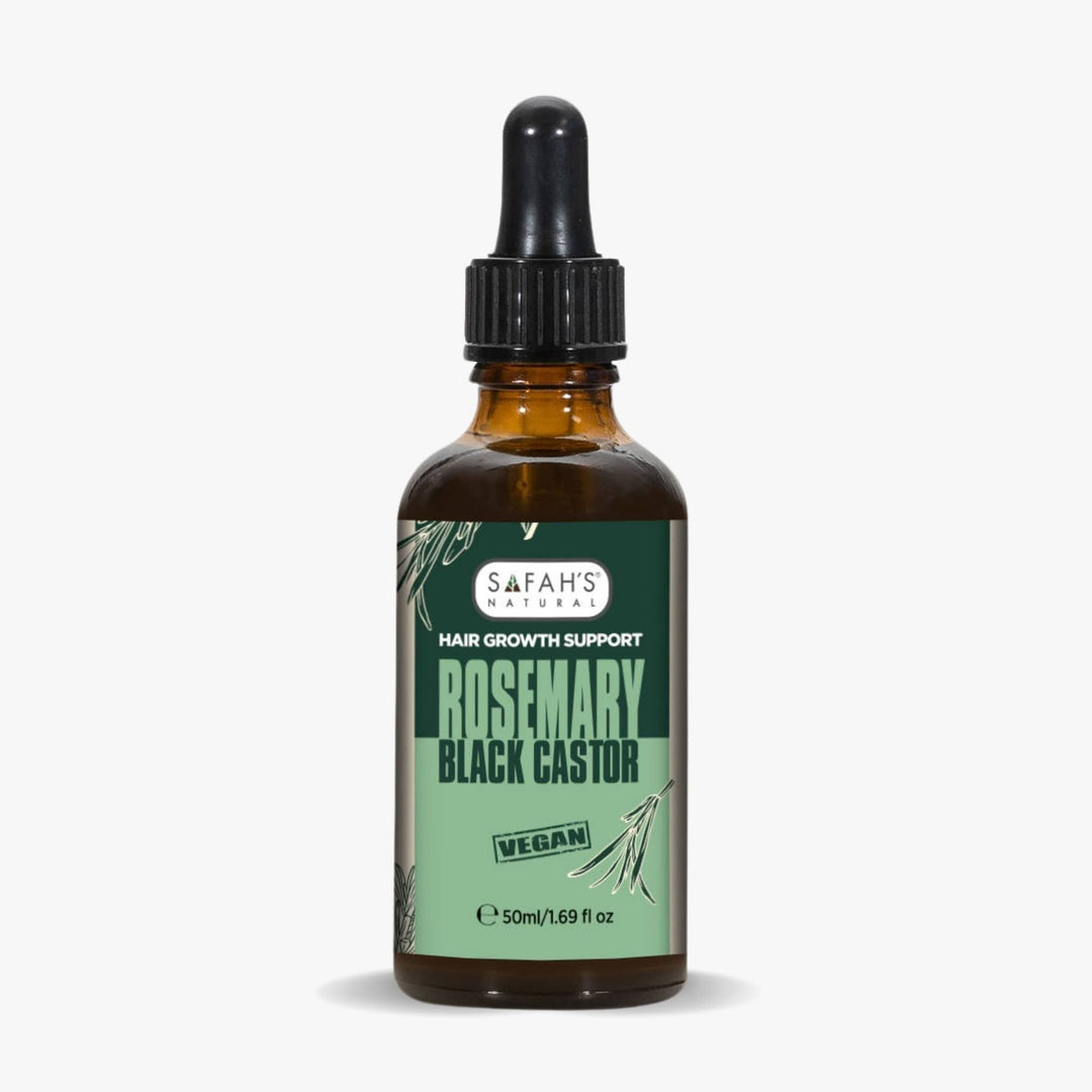 Bottle of Safah's Naturals Rosemary Black Castor hair growth support on a white background
