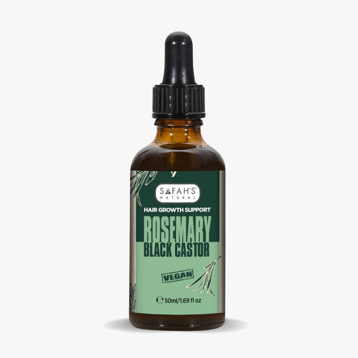 Bottle of Safah's Naturals Rosemary Black Castor hair growth support on a white background