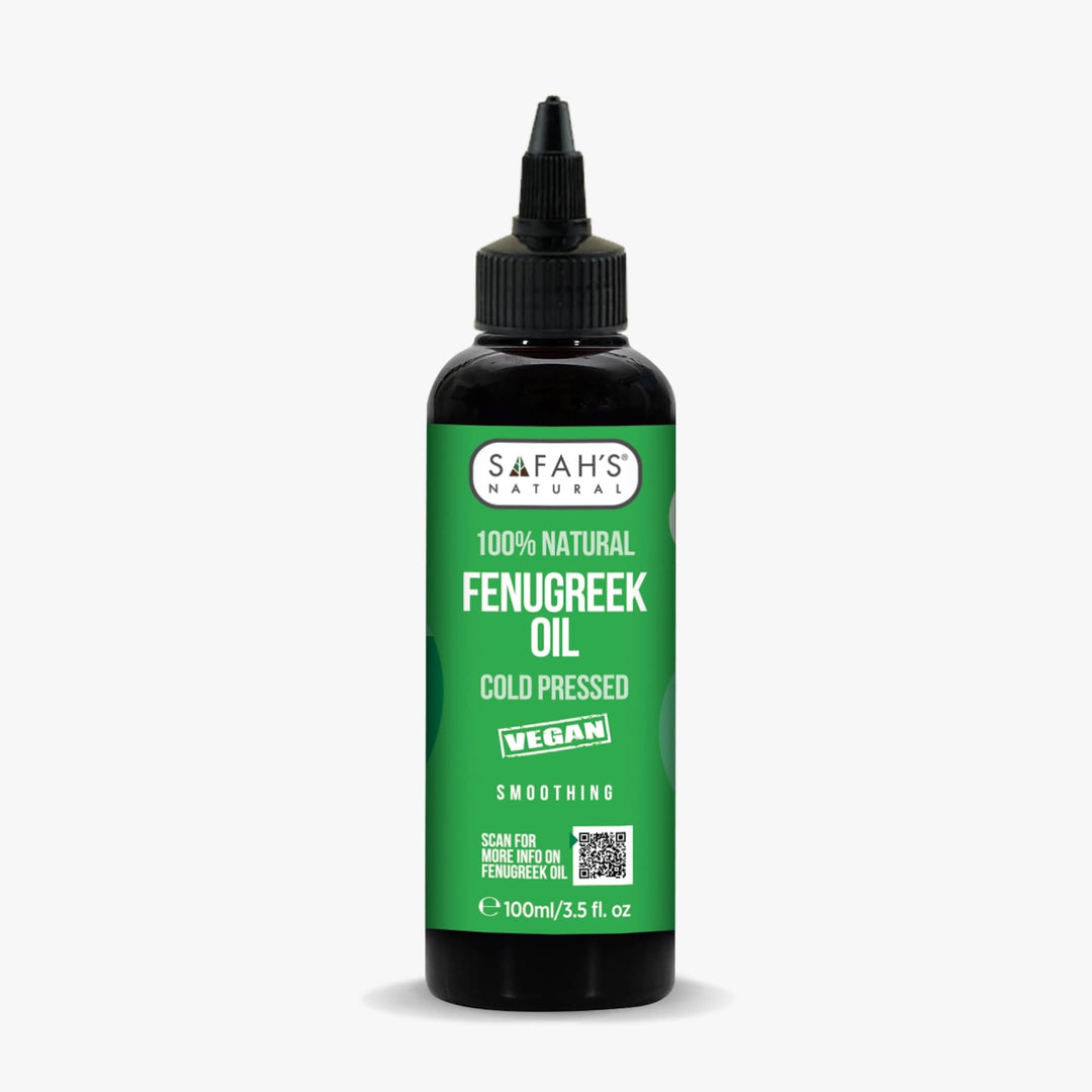 Bottle of Safah's 100% Natural Fenugreek Oil on a white background