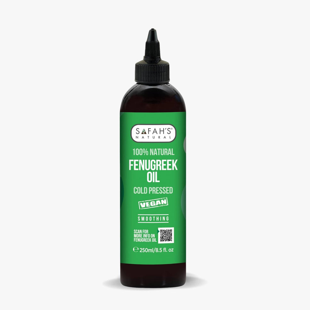 Bottle of Safah's Fenugreek Oil on a white background