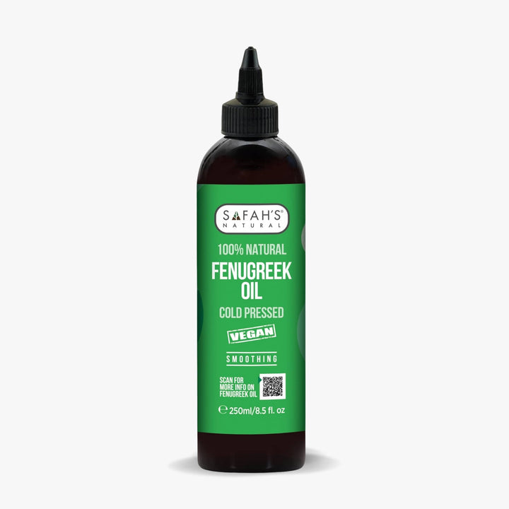 Bottle of Safah's Fenugreek Oil on a white background