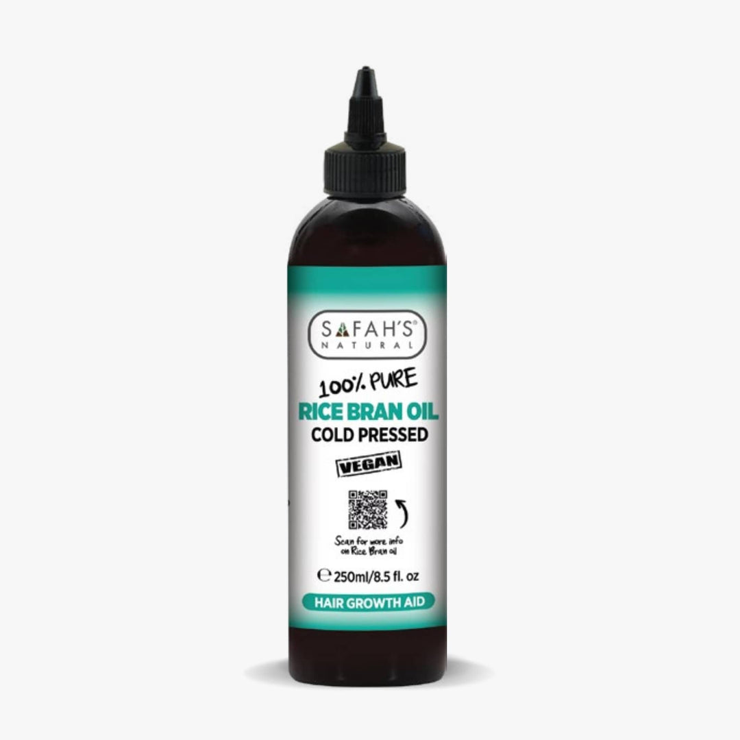 Bottle of Safah's Naturals 100% Pure Rice Bran Oil on a white background