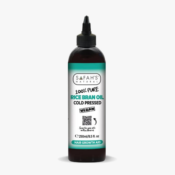 Bottle of Safah's Naturals 100% Pure Rice Bran Oil on a white background