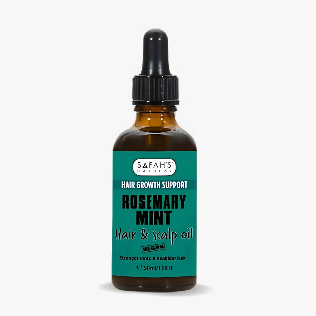 Safah's Naturals Rosemary Mint Hair & Scalp Oil bottle on a white background