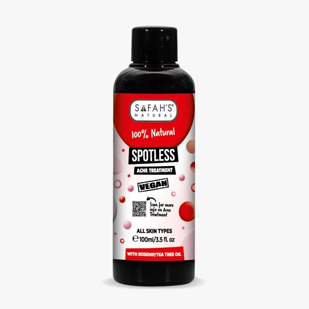 Safah's Naturals Spotless acne treatment bottle on a white background