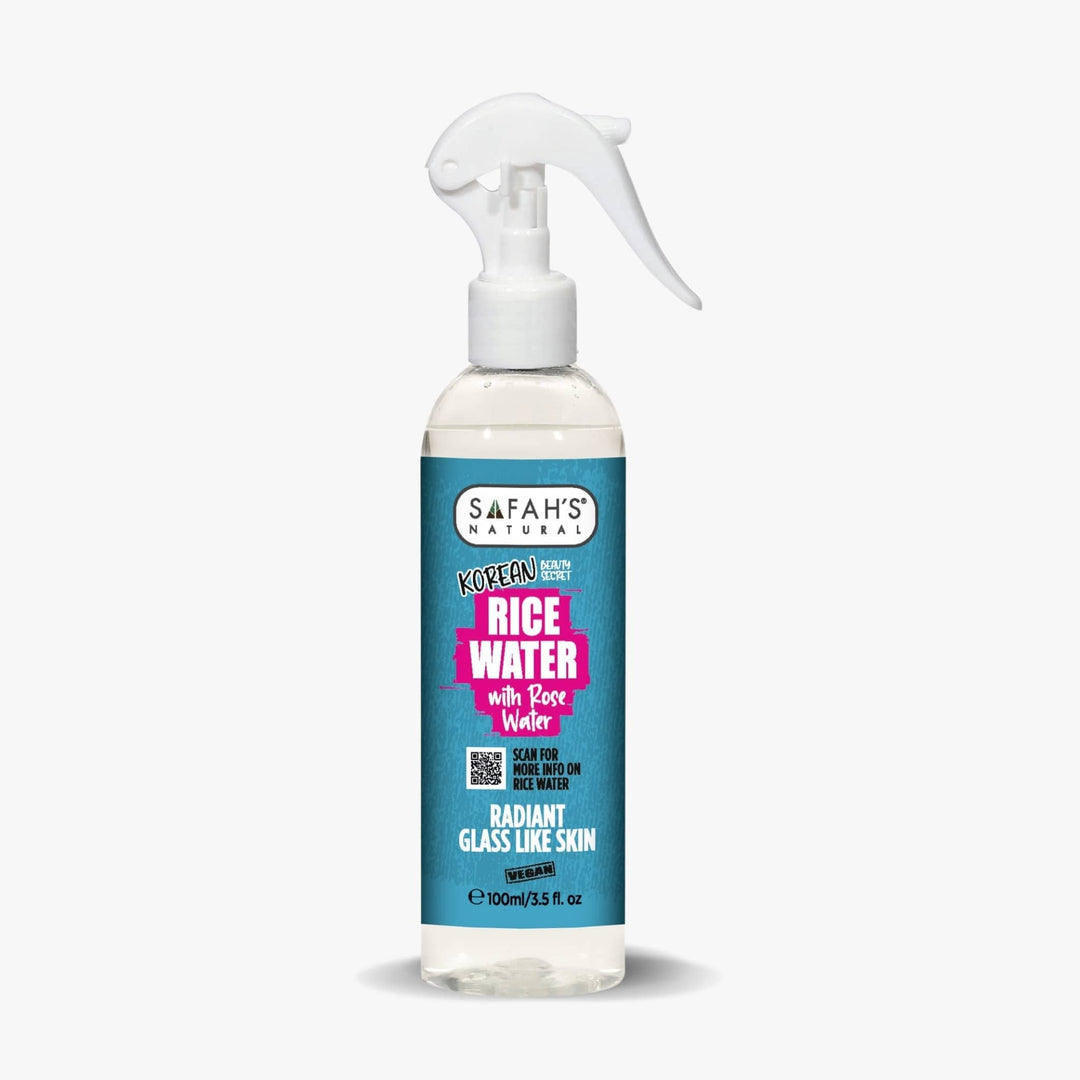 Safah’s Natural Korean Rice Water with Rose Water 100ml – Brightening facial mist for radiant, glass-like skin, enriched with natural rose water.
