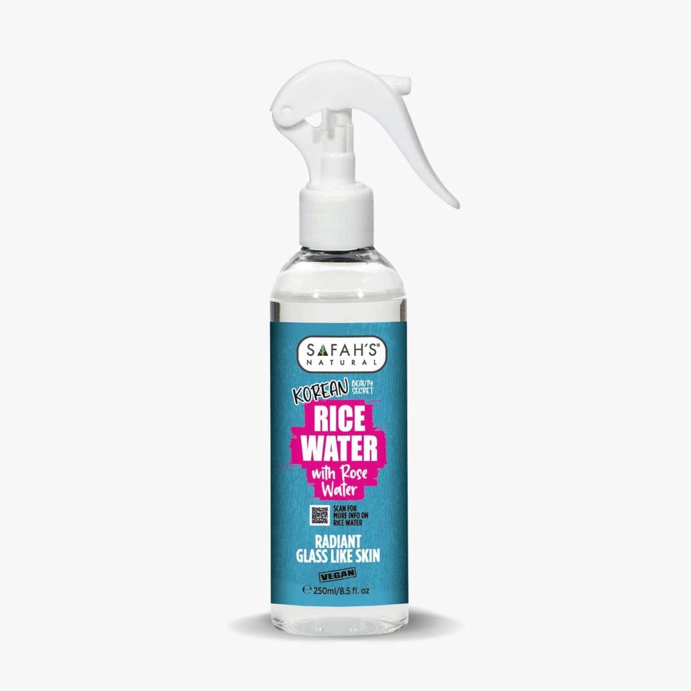 Safah’s Natural Korean Rice Water with Rose Water 250ml – Large spray bottle for brightening and hydrating skin, with rose water for a radiant glass-skin effect.